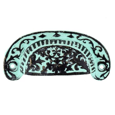 Aqua Green Distressed Floral D Pull Iron Handle